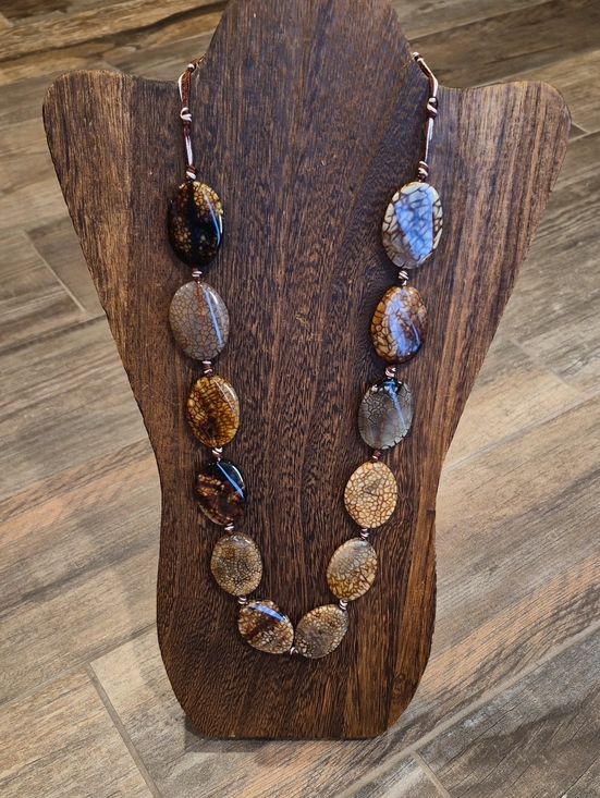 None Jewelry - Earth Toned Polished Stone Beaded Cord Necklace, Lobster Closure, Extender